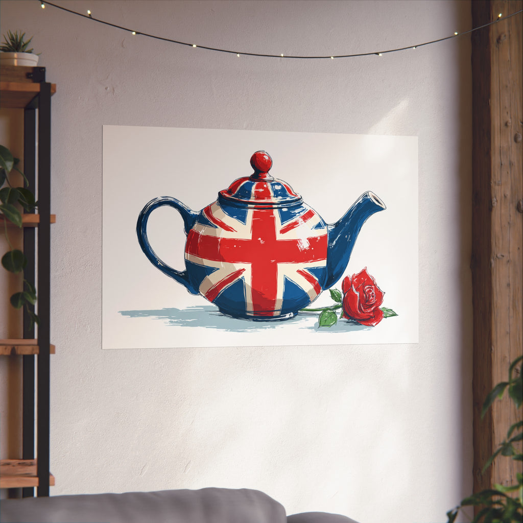 British Flag Coffee Jug with Rose | Cartoon Illustration Fine Art Print | UK Themed Wall Decor