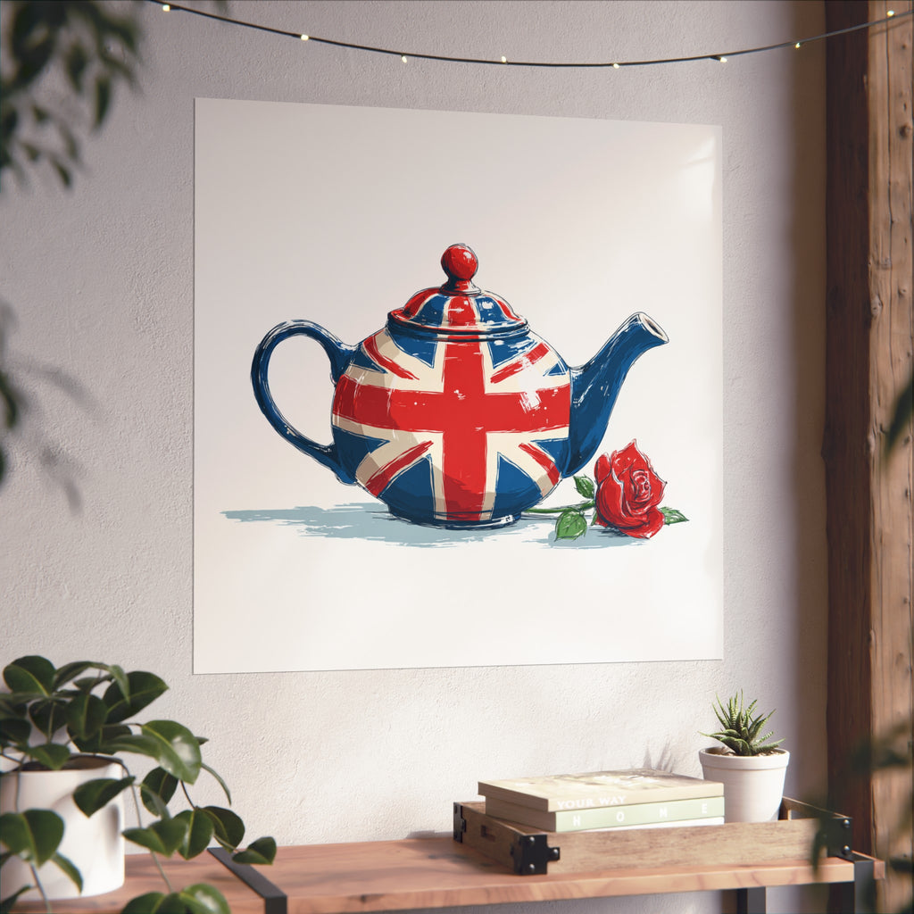 British Flag Coffee Jug with Rose | Cartoon Illustration Fine Art Print | UK Themed Wall Decor