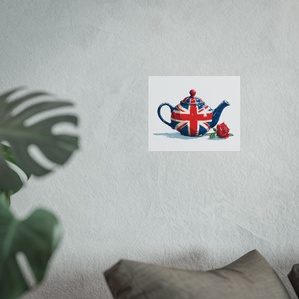British Flag Coffee Jug with Rose | Cartoon Illustration Fine Art Print | UK Themed Wall Decor