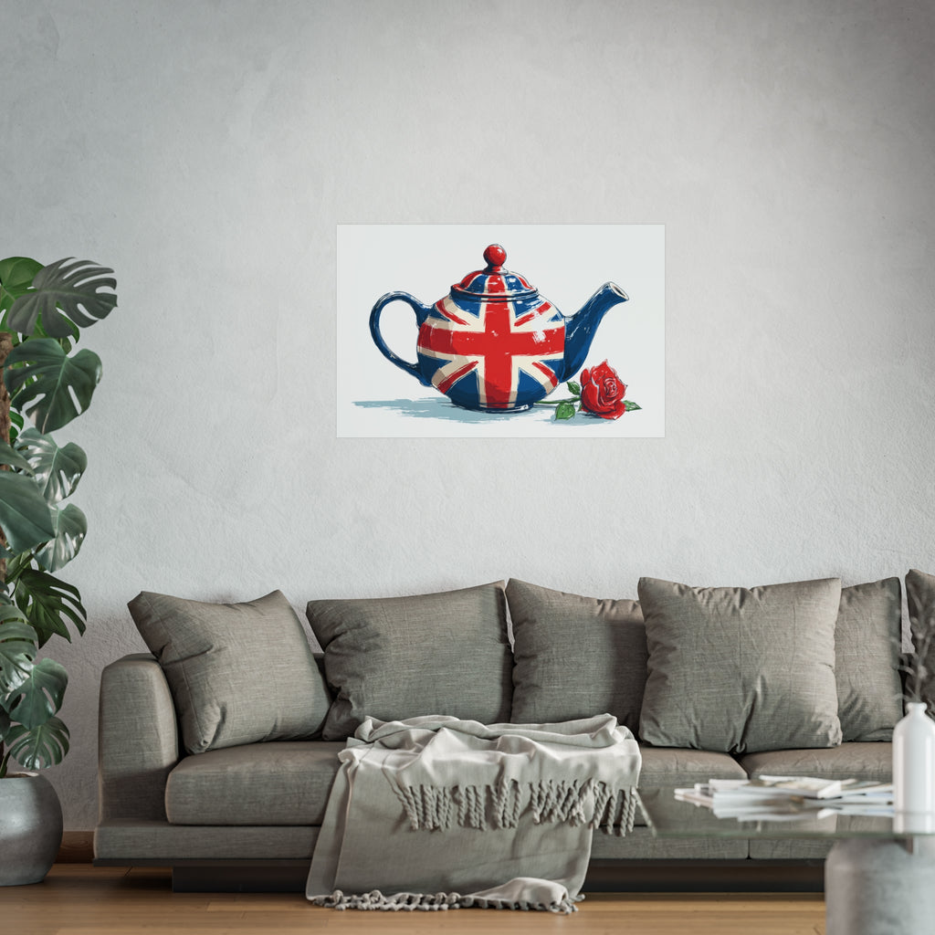 British Flag Coffee Jug with Rose | Cartoon Illustration Fine Art Print | UK Themed Wall Decor