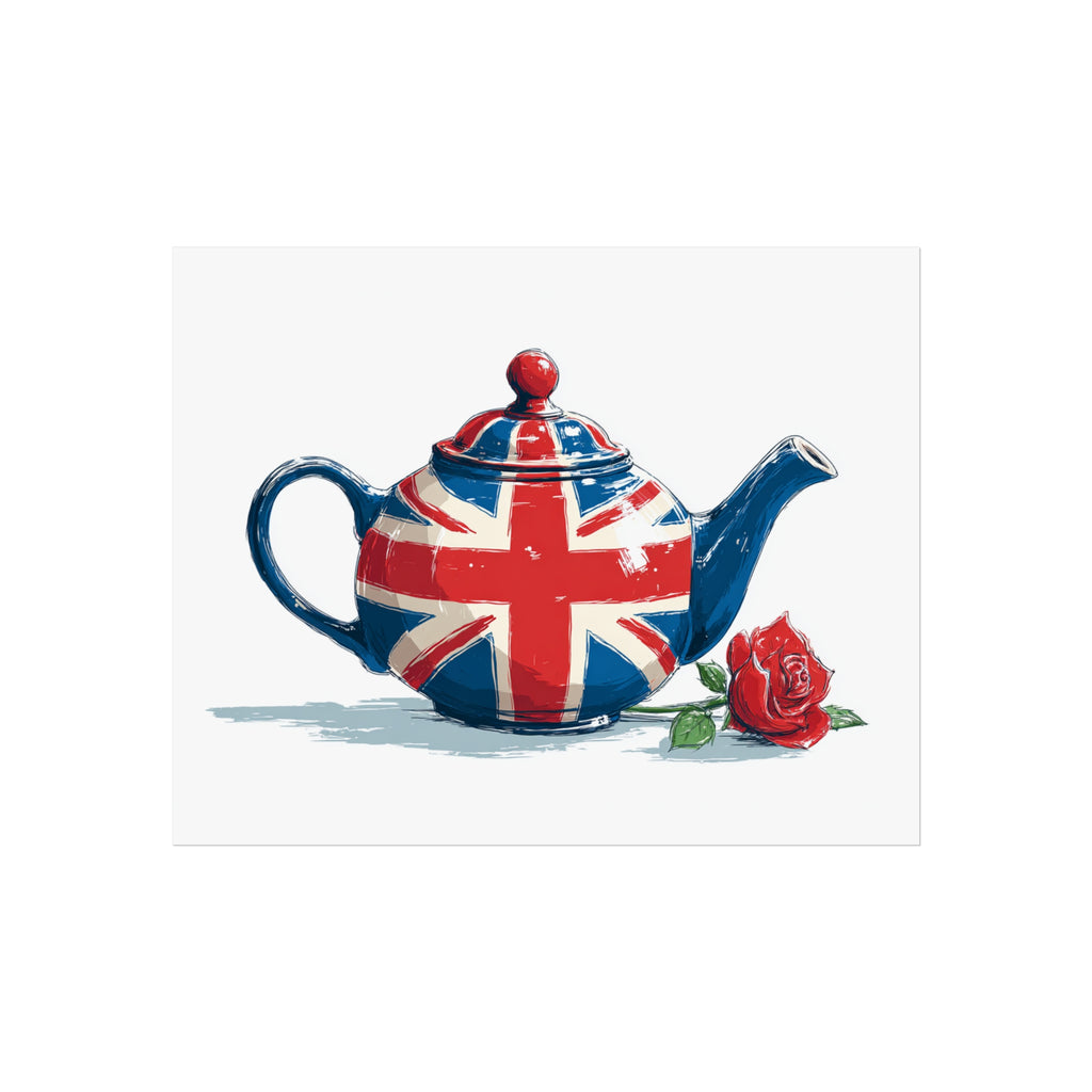 British Flag Coffee Jug with Rose | Cartoon Illustration Fine Art Print | UK Themed Wall Decor