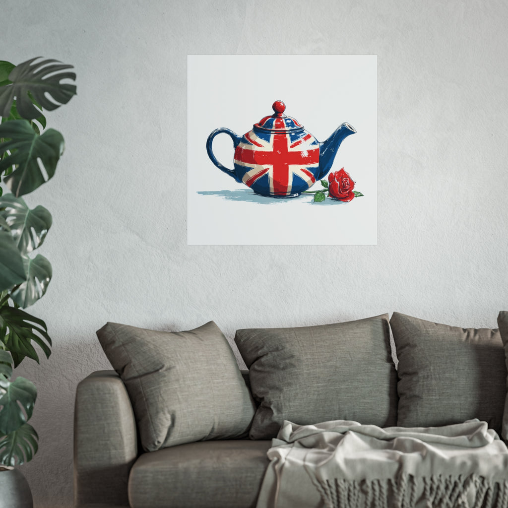 British Flag Coffee Jug with Rose | Cartoon Illustration Fine Art Print | UK Themed Wall Decor