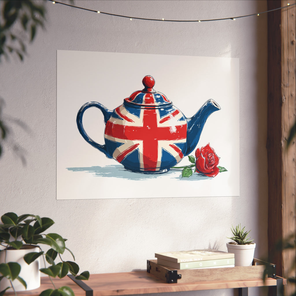 British Flag Coffee Jug with Rose | Cartoon Illustration Fine Art Print | UK Themed Wall Decor