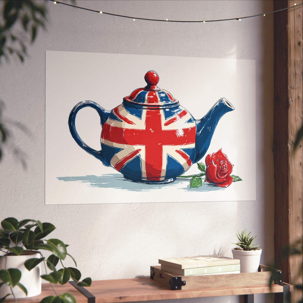 British Flag Coffee Jug with Rose | Cartoon Illustration Fine Art Print | UK Themed Wall Decor