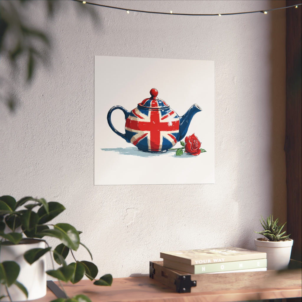 British Flag Coffee Jug with Rose | Cartoon Illustration Fine Art Print | UK Themed Wall Decor