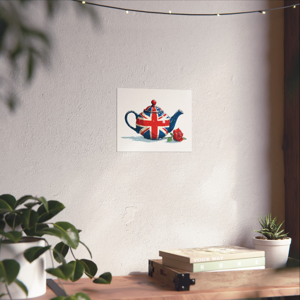 British Flag Coffee Jug with Rose | Cartoon Illustration Fine Art Print | UK Themed Wall Decor