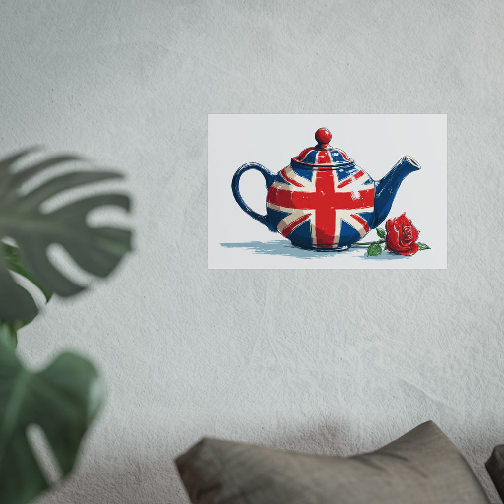 British Flag Coffee Jug with Rose | Cartoon Illustration Fine Art Print | UK Themed Wall Decor