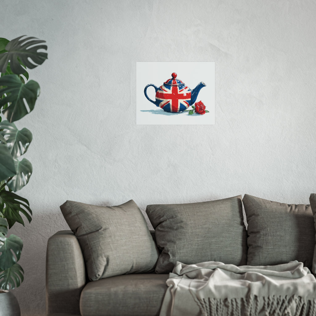 British Flag Coffee Jug with Rose | Cartoon Illustration Fine Art Print | UK Themed Wall Decor