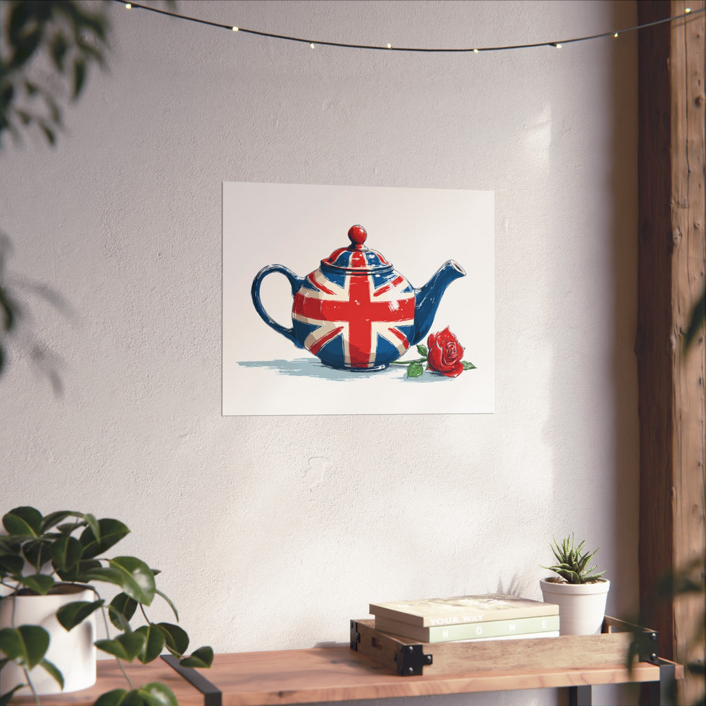 British Flag Coffee Jug with Rose | Cartoon Illustration Fine Art Print | UK Themed Wall Decor