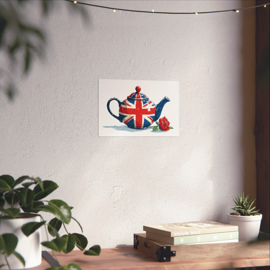 British Flag Coffee Jug with Rose | Cartoon Illustration Fine Art Print | UK Themed Wall Decor