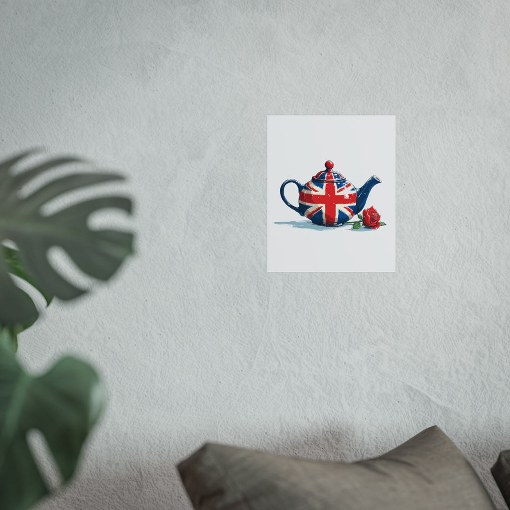 British Flag Coffee Jug with Rose | Cartoon Illustration Fine Art Print | UK Themed Wall Decor