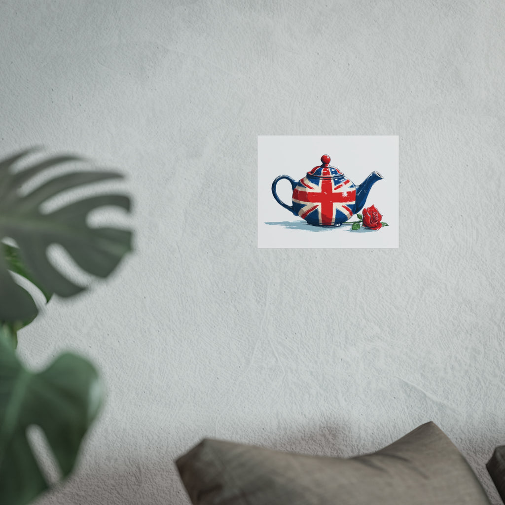 British Flag Coffee Jug with Rose | Cartoon Illustration Fine Art Print | UK Themed Wall Decor