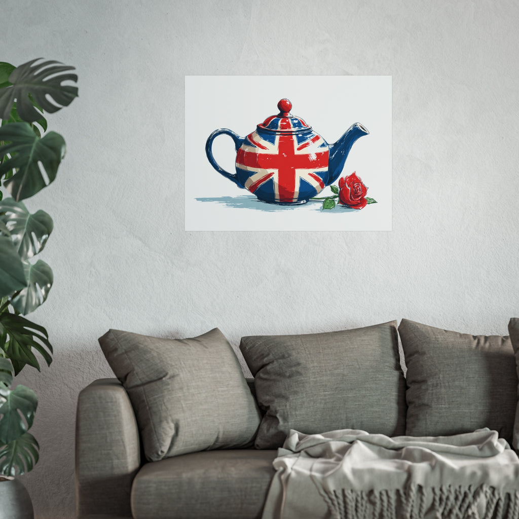 British Flag Coffee Jug with Rose | Cartoon Illustration Fine Art Print | UK Themed Wall Decor