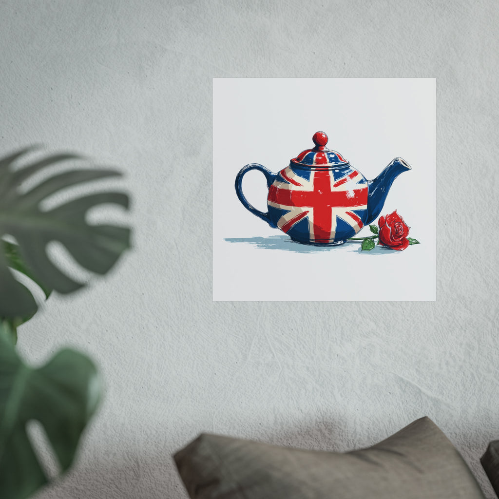 British Flag Coffee Jug with Rose | Cartoon Illustration Fine Art Print | UK Themed Wall Decor