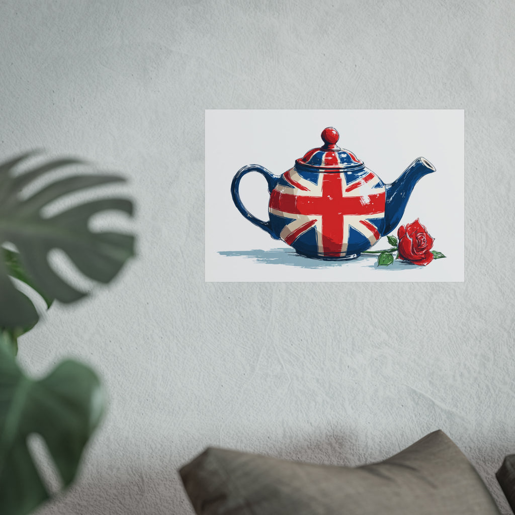 British Flag Coffee Jug with Rose | Cartoon Illustration Fine Art Print | UK Themed Wall Decor