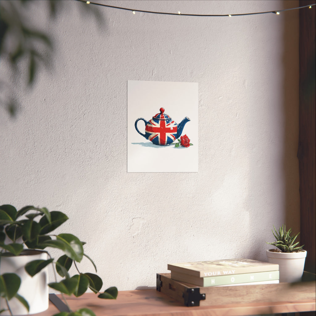 British Flag Coffee Jug with Rose | Cartoon Illustration Fine Art Print | UK Themed Wall Decor