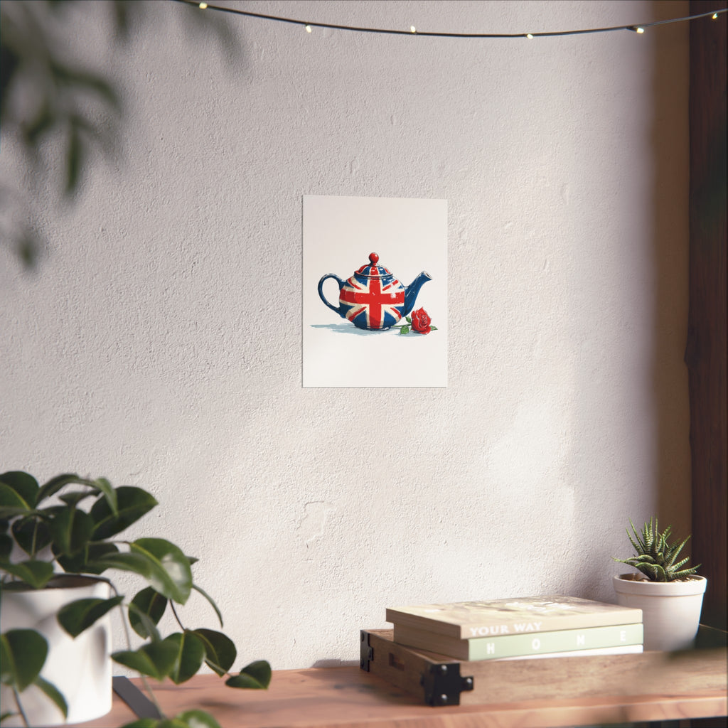 British Flag Coffee Jug with Rose | Cartoon Illustration Fine Art Print | UK Themed Wall Decor