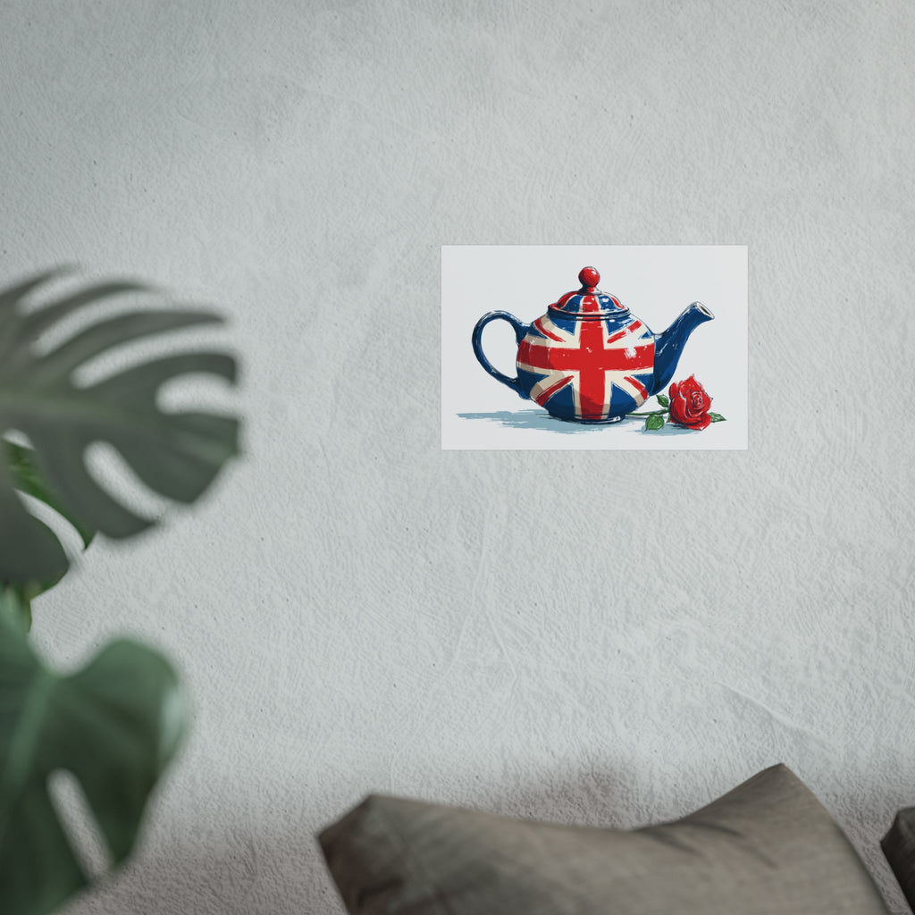 British Flag Coffee Jug with Rose | Cartoon Illustration Fine Art Print | UK Themed Wall Decor