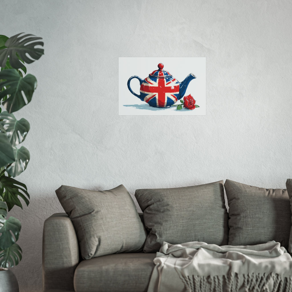 British Flag Coffee Jug with Rose | Cartoon Illustration Fine Art Print | UK Themed Wall Decor