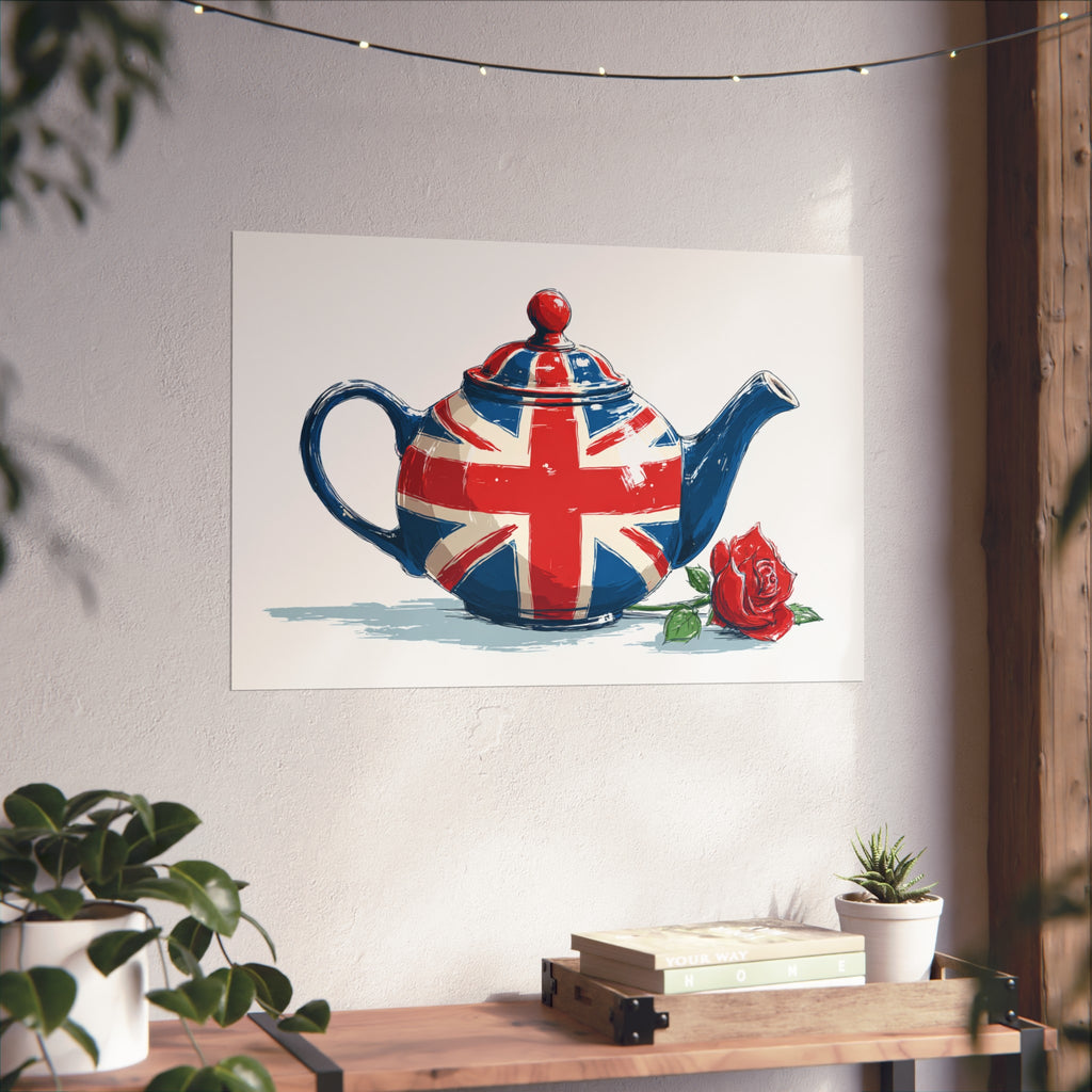 British Flag Coffee Jug with Rose | Cartoon Illustration Fine Art Print | UK Themed Wall Decor