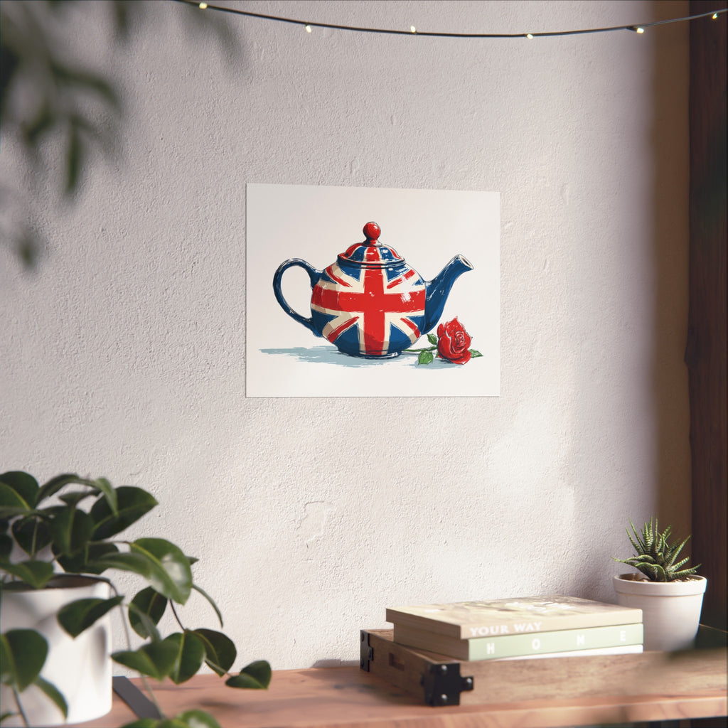British Flag Coffee Jug with Rose | Cartoon Illustration Fine Art Print | UK Themed Wall Decor