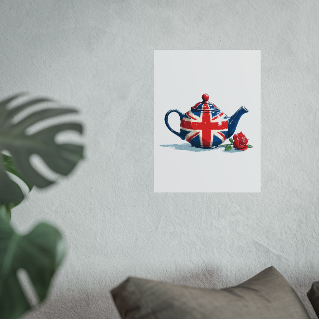 British Flag Coffee Jug with Rose | Cartoon Illustration Fine Art Print | UK Themed Wall Decor