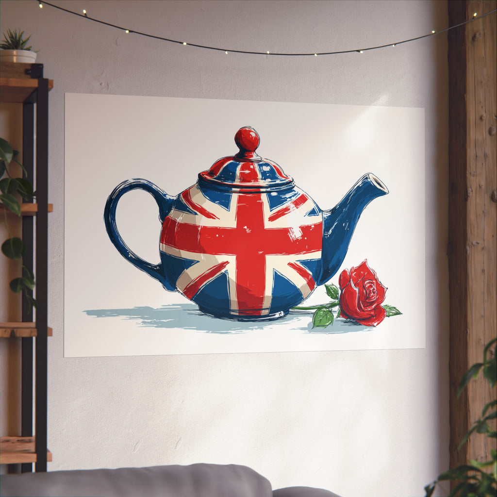 British Flag Coffee Jug with Rose | Cartoon Illustration Fine Art Print | UK Themed Wall Decor