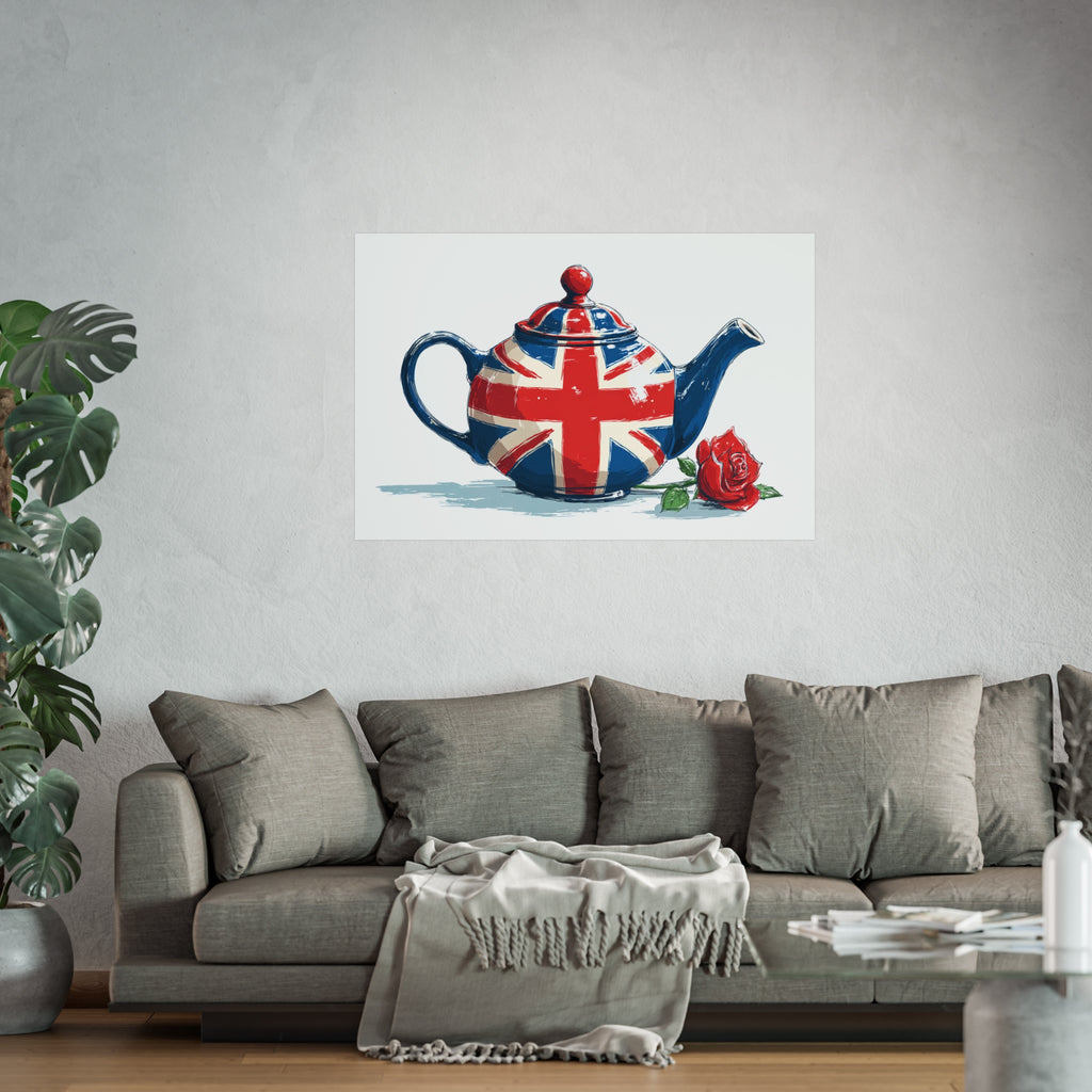 British Flag Coffee Jug with Rose | Cartoon Illustration Fine Art Print | UK Themed Wall Decor
