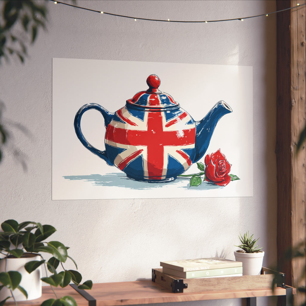 British Flag Coffee Jug with Rose | Cartoon Illustration Fine Art Print | UK Themed Wall Decor