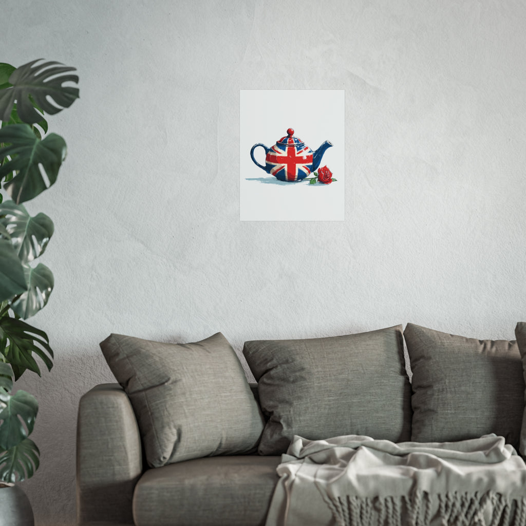 British Flag Coffee Jug with Rose | Cartoon Illustration Fine Art Print | UK Themed Wall Decor