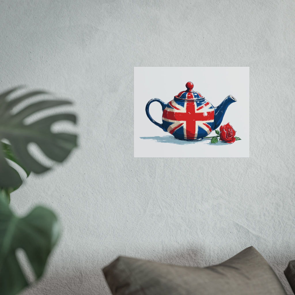 British Flag Coffee Jug with Rose | Cartoon Illustration Fine Art Print | UK Themed Wall Decor