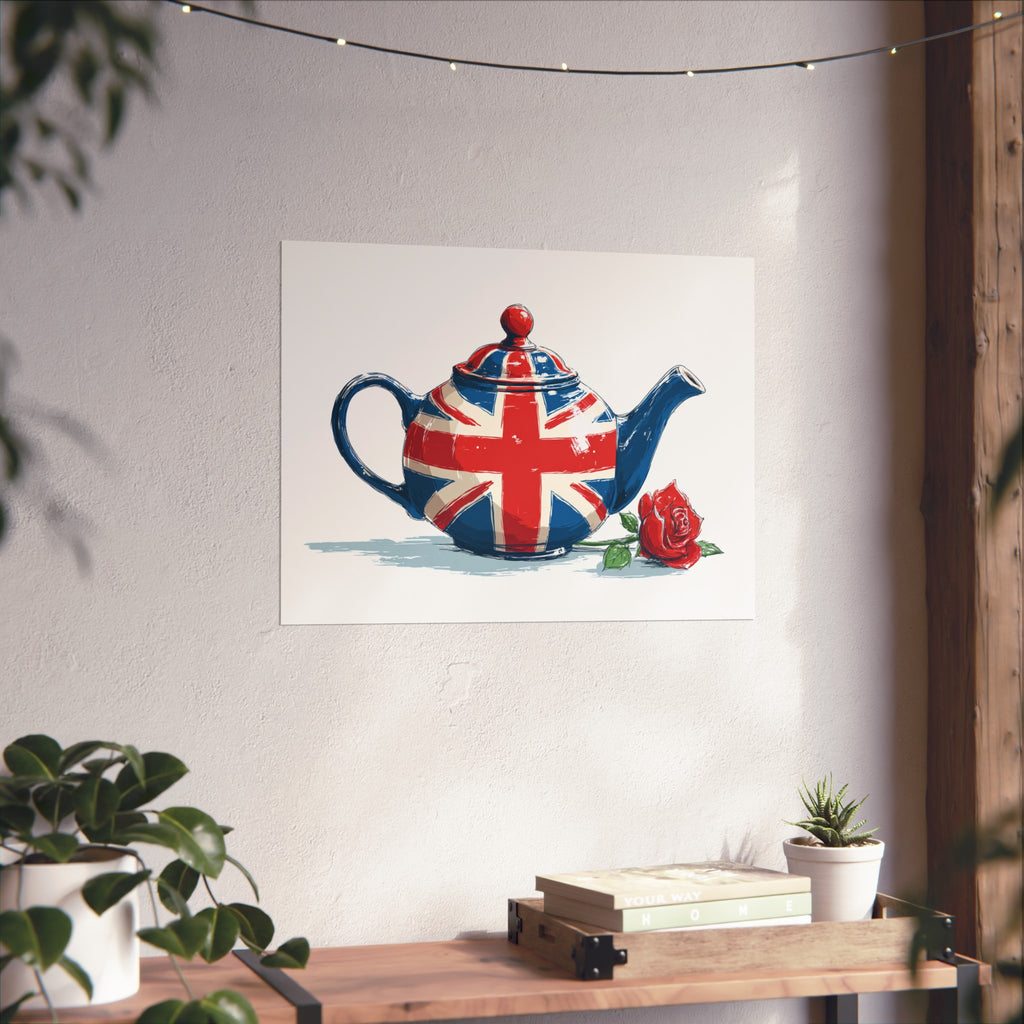 British Flag Coffee Jug with Rose | Cartoon Illustration Fine Art Print | UK Themed Wall Decor