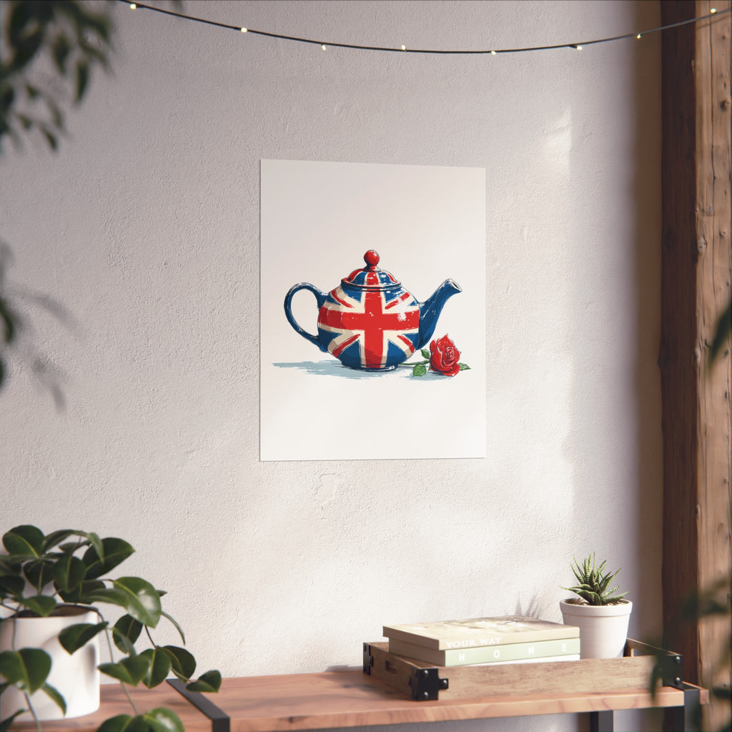 British Flag Coffee Jug with Rose | Cartoon Illustration Fine Art Print | UK Themed Wall Decor