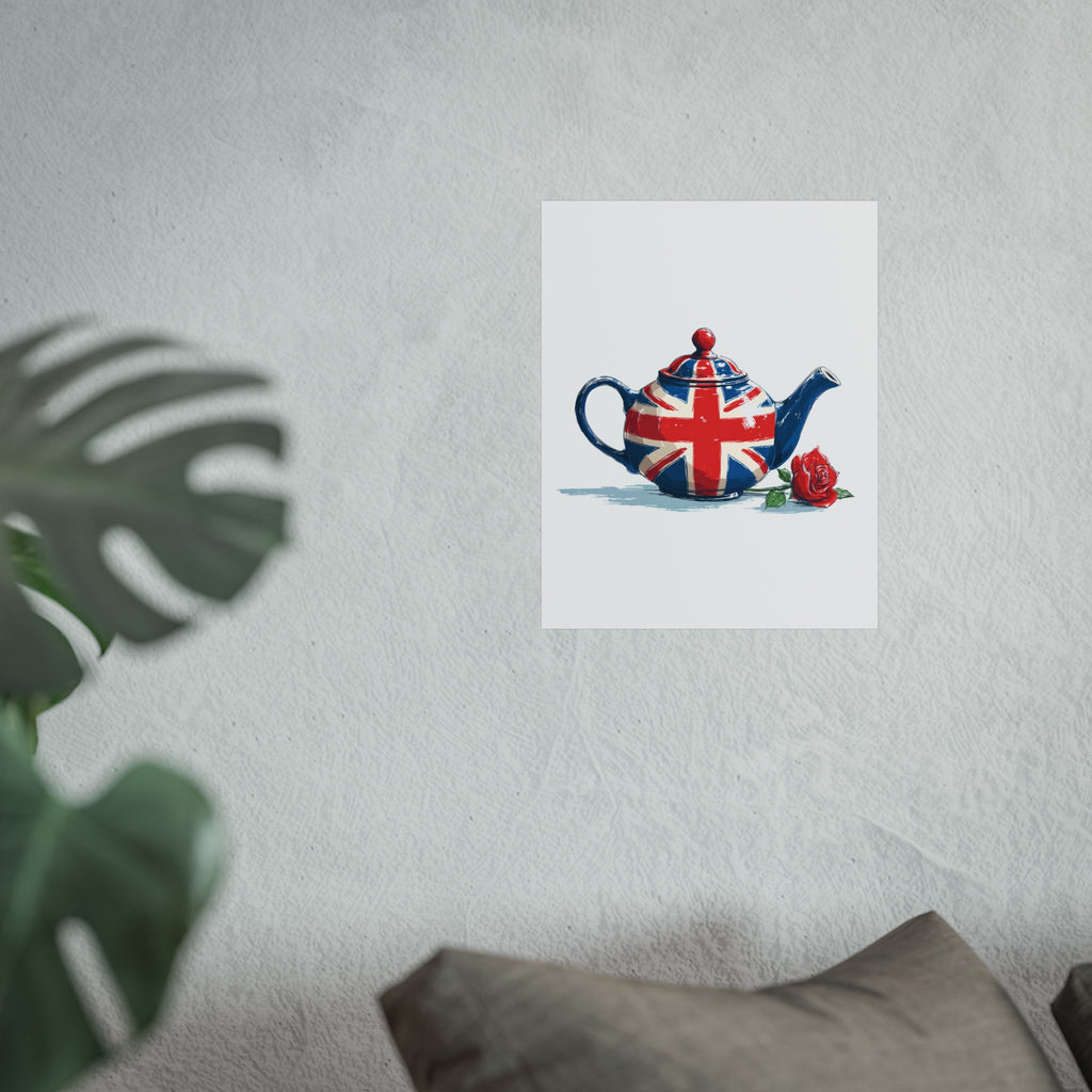 British Flag Coffee Jug with Rose | Cartoon Illustration Fine Art Print | UK Themed Wall Decor
