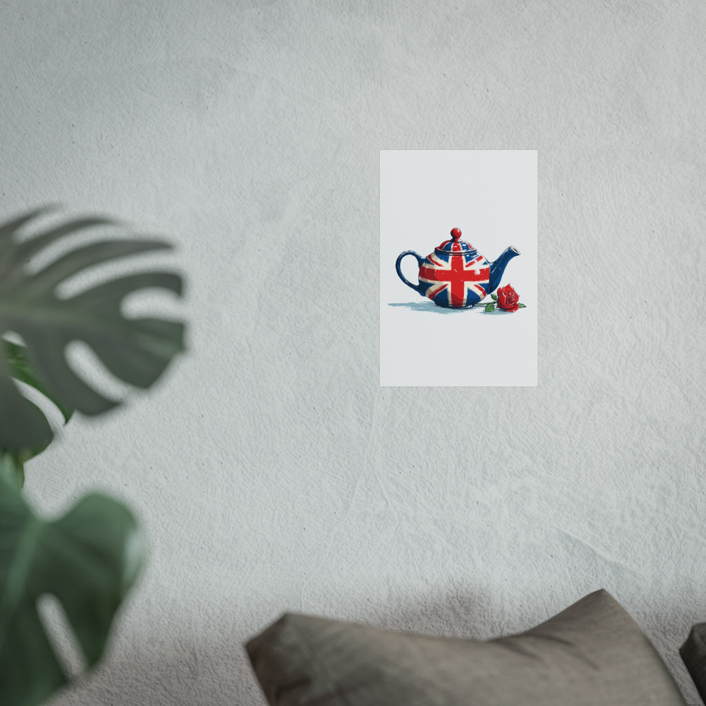 British Flag Coffee Jug with Rose | Cartoon Illustration Fine Art Print | UK Themed Wall Decor