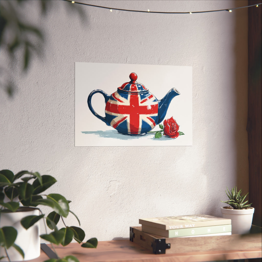 British Flag Coffee Jug with Rose | Cartoon Illustration Fine Art Print | UK Themed Wall Decor