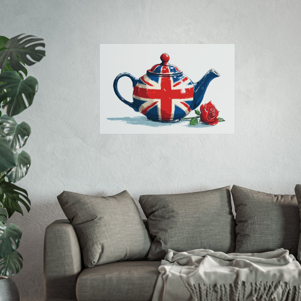 British Flag Coffee Jug with Rose | Cartoon Illustration Fine Art Print | UK Themed Wall Decor
