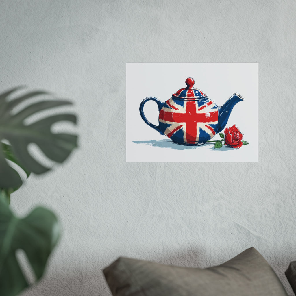 British Flag Coffee Jug with Rose | Cartoon Illustration Fine Art Print | UK Themed Wall Decor