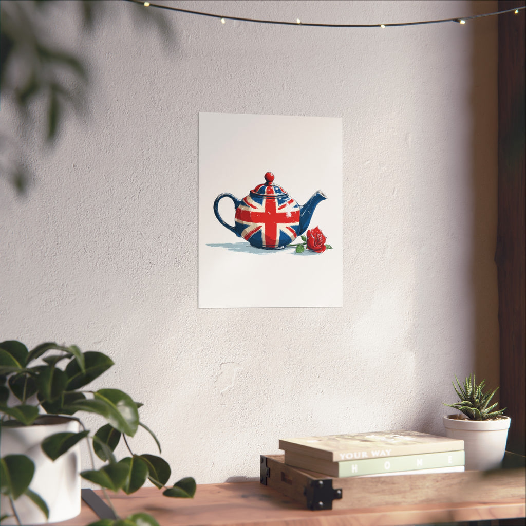 British Flag Coffee Jug with Rose | Cartoon Illustration Fine Art Print | UK Themed Wall Decor