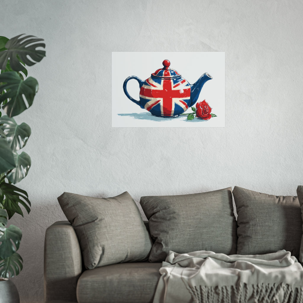 British Flag Coffee Jug with Rose | Cartoon Illustration Fine Art Print | UK Themed Wall Decor