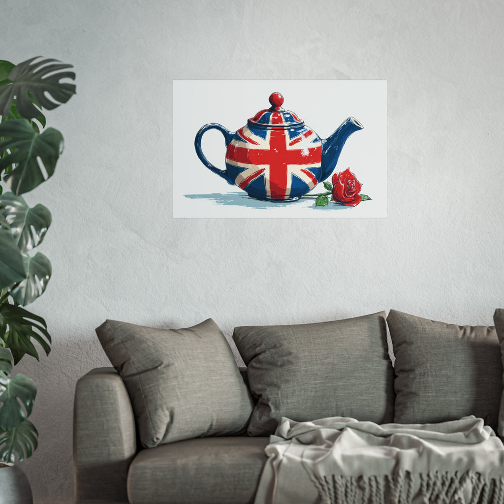 British Flag Coffee Jug with Rose | Cartoon Illustration Fine Art Print | UK Themed Wall Decor