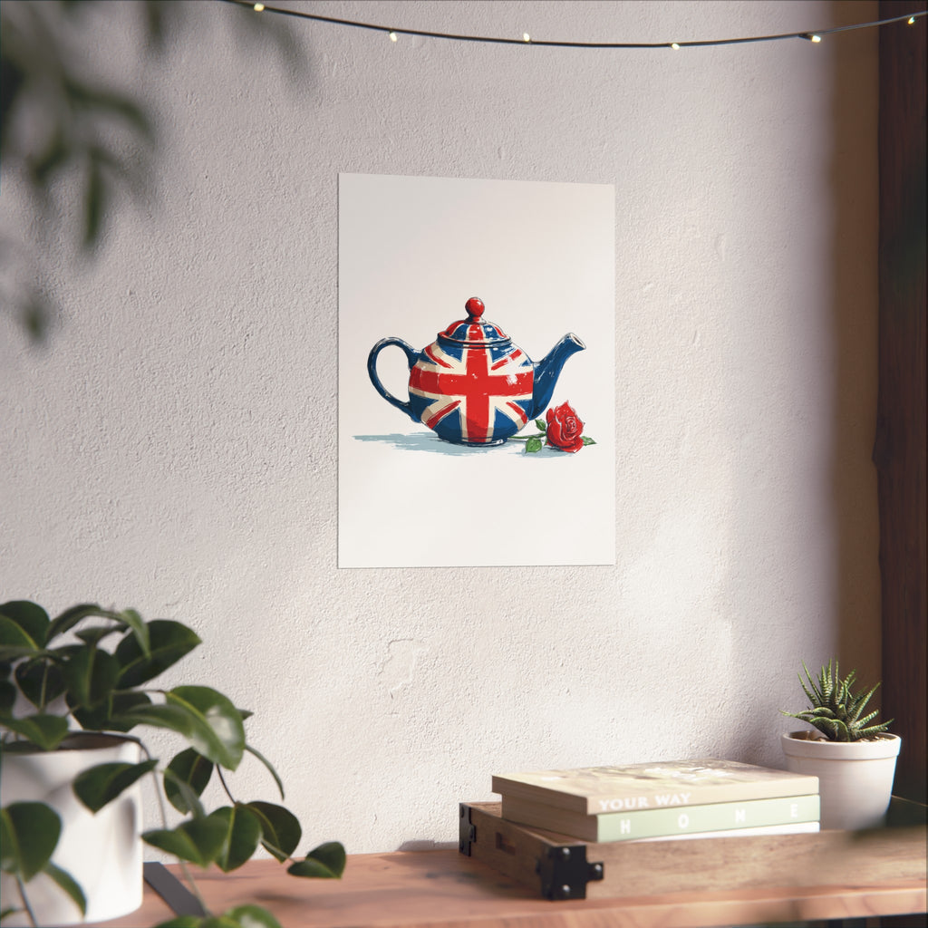 British Flag Coffee Jug with Rose | Cartoon Illustration Fine Art Print | UK Themed Wall Decor